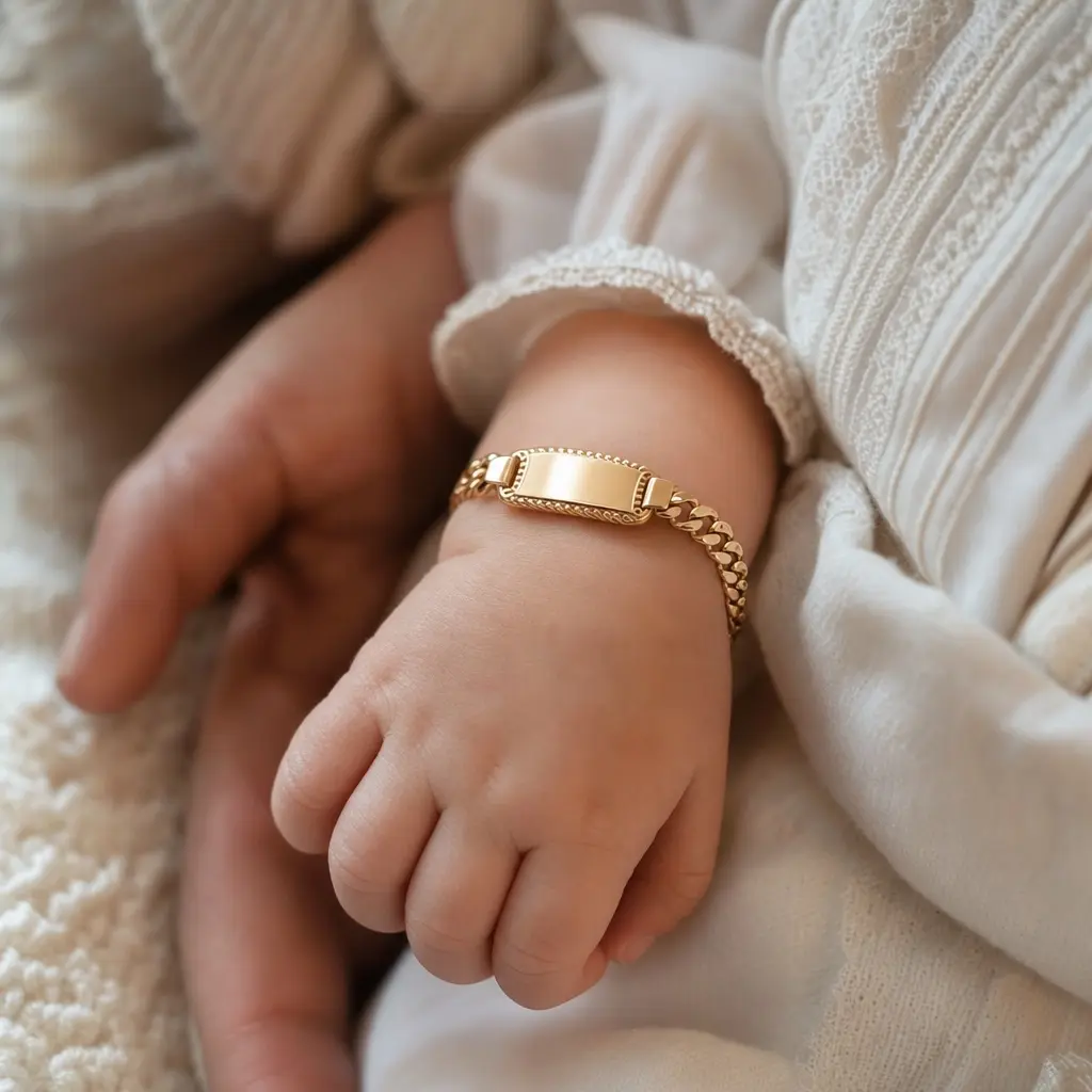 Gourmette de naissance en or 18 carats au poignet d'un enfant, gravable — SIAUD Nice