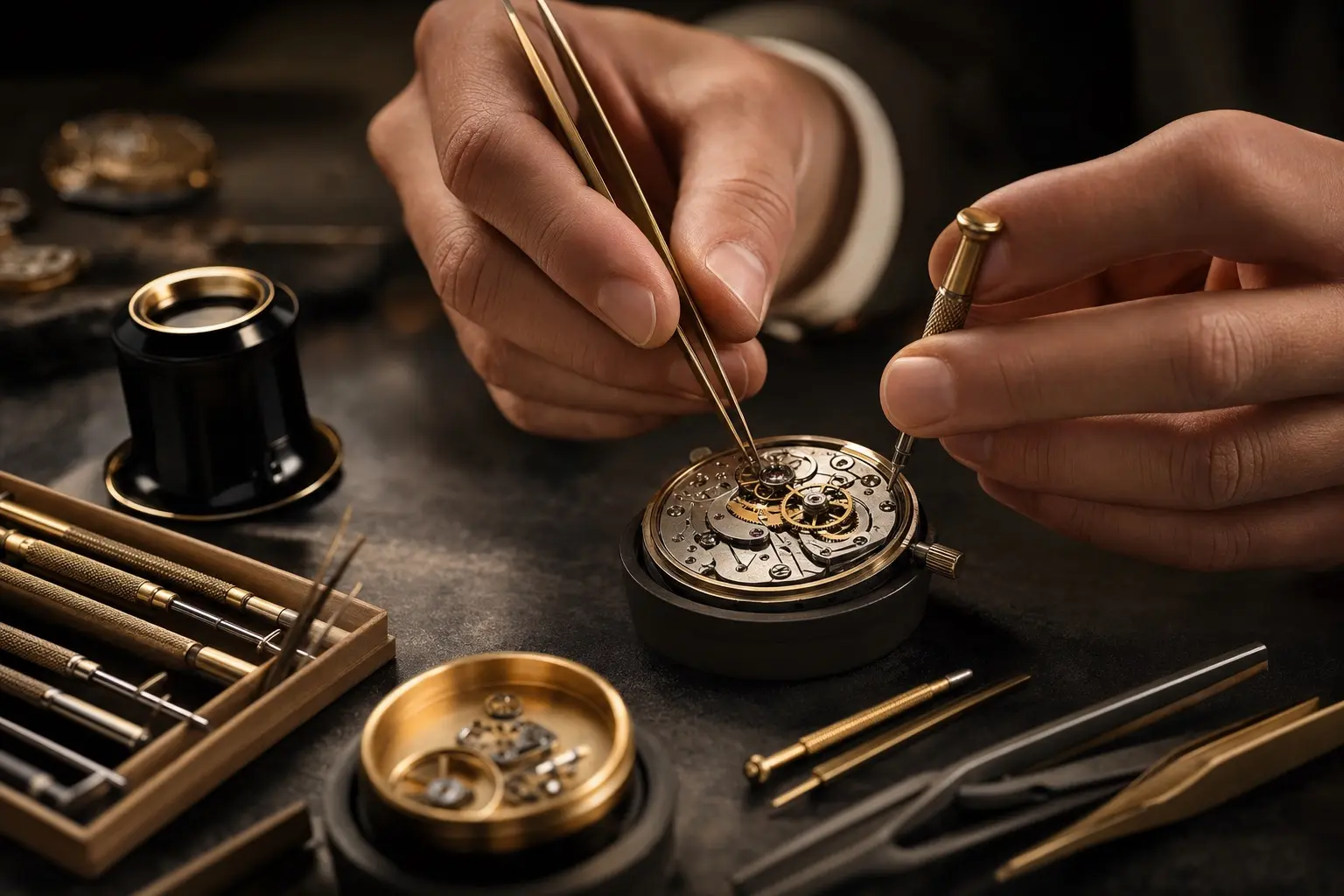 Mains d'horloger réparant un mouvement de montre à l'établi — atelier SIAUD à Nice