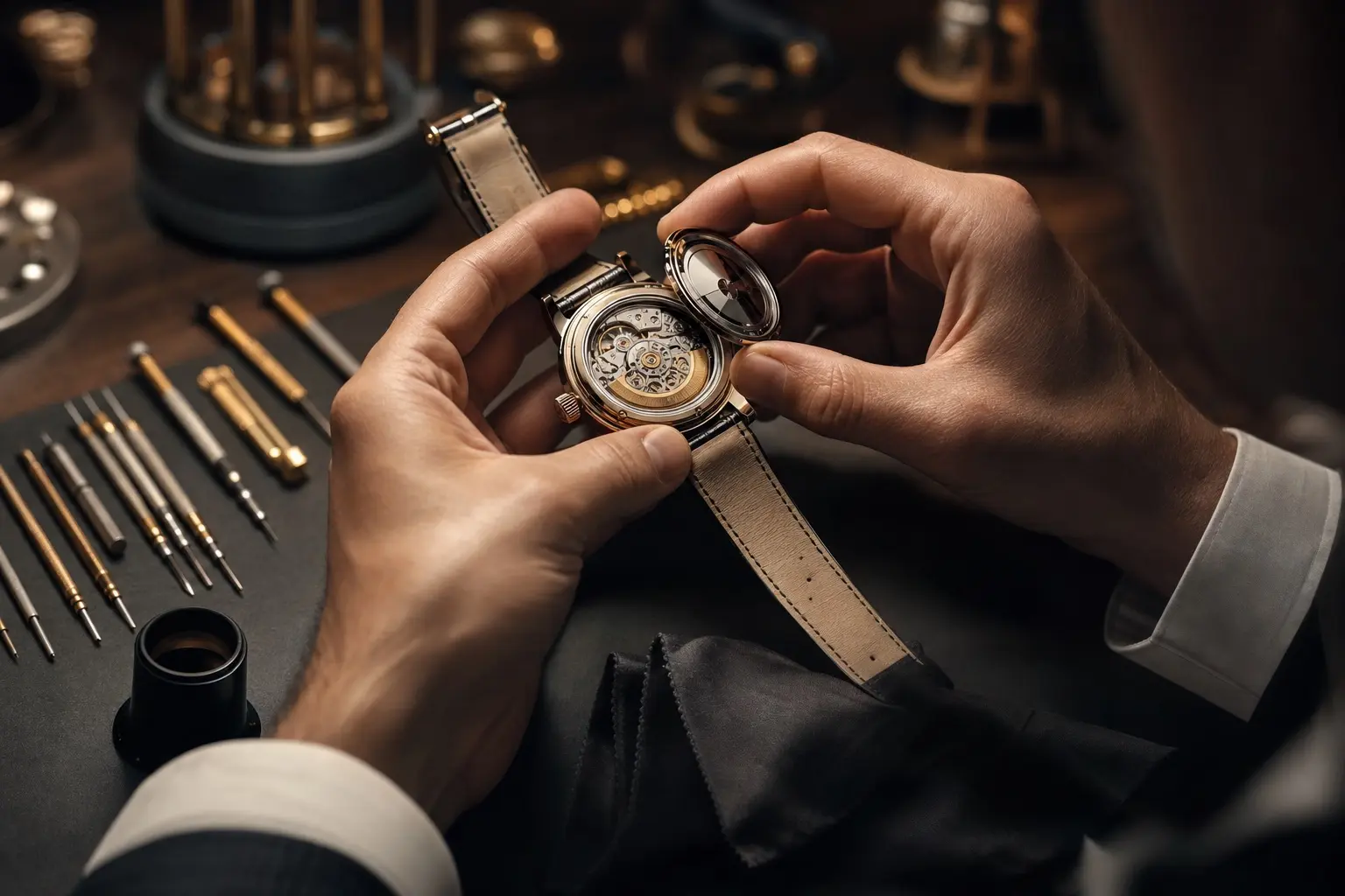 Inspection d'une montre, fond de boîte ouvert sur le mouvement — SAV toutes marques, Bijouterie SIAUD à Nice