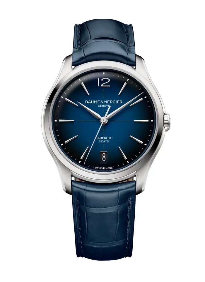 Montre automatique habillée Baume & Mercier Clifton Baumatic, cadran bleu et bracelet alligator — Bijouterie SIAUD à Nice
