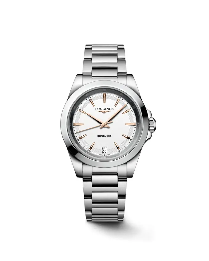Montre à quartz Longines Conquest, cadran blanc et accents or rose — Bijouterie SIAUD à Nice